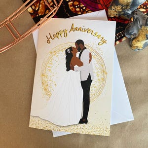結婚記念日おめでとうカード、結婚式の日、黒人カップル、黒人のグリーティングカード、上品、民族的、多様、