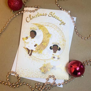 Carte de Noël Black Angels, cartes de voeux noires, chic, ethnique, diversifié, famille noire afro-américaine