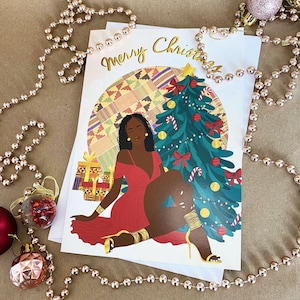 Biglietto di Natale per ragazza nera, biglietti di auguri neri, elegante, etnico, diverso, famiglia nera afroamericana