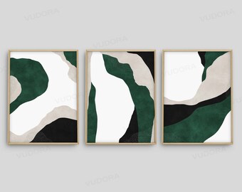 May include: Three framed abstract art prints with a green, white, and black color scheme. The prints feature organic shapes and textures.