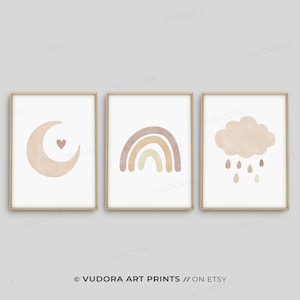 Boho Kids Cloud Rainbow Moon Gift, Digital Wall Art, Children Room, 3 Piece Wall Art, Set of 3, A4 A3 A2, Girl Boy, Digital Download, Poster