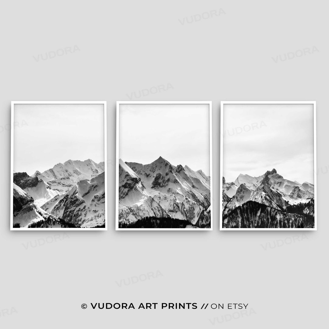 Mountain Art Print, Black White Wall Art, Set of 3 Prints, Mountain