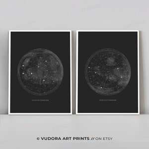 Black and White Celestial Stars Map Print, Astronomy Art, Northern Southern Hemisphere Poster, 2 Piece Constellation Map Printable Wall Art