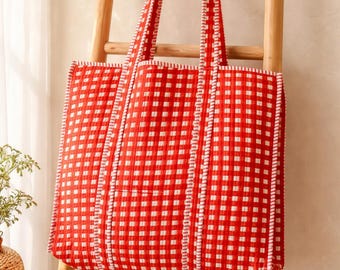 Bolso tote acolchado de cuadros rojos, bolso grande de algodón a cuadros, bolso de mercado hecho a mano