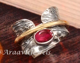 Wave Design Spinning Ring Band, Robijn Edelsteen Ring, 925 Sterling Zilveren Ring Sieraden, Spinner Ring, Fidget Ring, Jubileum Verlovingscadeau