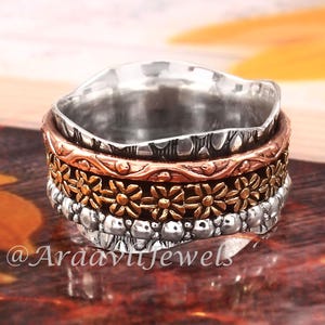 Star Cut Flower Spinner Ring Band , Sterling Silver Ring, Wide Band Meditation Ring, Worry Ring, Spinning Ring, Mom&#39;s Girl Gift Jewelry