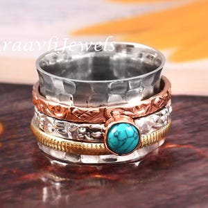 Turquoise Gemstone Ring, 925 Sterling Silver Ring, Spinner Ring, Hammered Ring, Worry Fidget Ring,Meditation Ring, Anniversary Birthday Gift