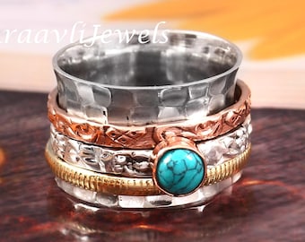 ブルーコッパーターコイズスピナーリング - ボヘミアンリング - 5 x 5