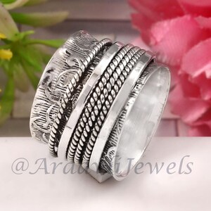 Ethnic Spinner Ring, Worry Ring, Sterling Silver Ring for Women, Boho Chunky Ring, Wide band Fidget Ring, Handmade Meditation Ring gift