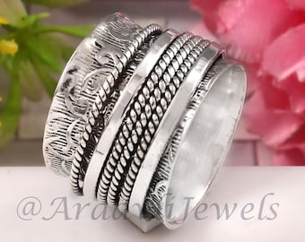 Ethnic Spinner Ring, Worry Ring, Sterling Silver Ring for Women, Boho Chunky Ring, Wide band Fidget Ring, Handmade Meditation Ring gift