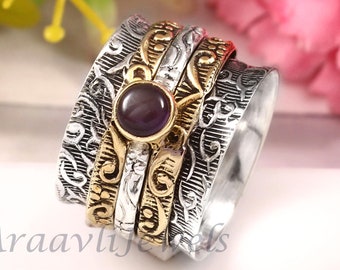 Fidget Spinning Ring, 925 Sterling Silver Ring, Amethyst Ring, Spinner Ring, Handmade Ring, Designer Band, Silver Jewelry, Statement Ring