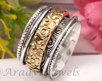 Floral Band Spinner Ring, Worry Ring, 925 Sterling Silver Ring for Women, Boho Ring,Textured Wide band Fidget Ring, Handmade Meditation Ring