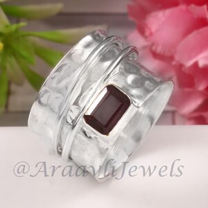 Hammered Spinning Ring, 925 Sterling Silver Ring, Red Garnet Gemstone Ring, Spinner Ring, Handmade Ring, Wide Band, Fidget Ring, Love Gift