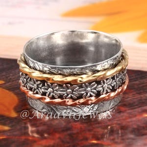 Designer Flower Spinner Ring , Sterling Silver Ring, Pattern Band Meditation Ring, Floral Band Spinning Ring,Boho Statement Rings Women Gift