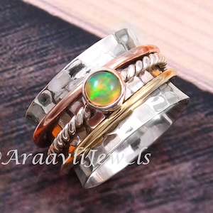 Handmade Spinner Ring, Ethiopian Opal Gemstone Spinner, Meditation Spring Ring, Spinning Ring,925 Silver Ring, Wedding Anniversary Gift Ring