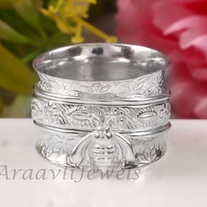 Anillo de plata de ley 925, anillo giratorio de abeja de miel, anillo de preocupación por la ansiedad, anillo de meditación del pulgar, banda texturizada, hecho a mano, regalo de cumpleaños para ella