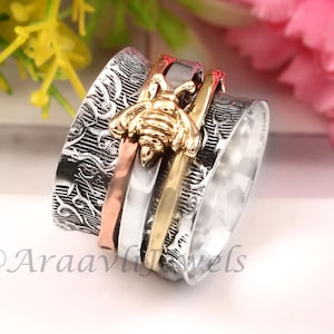 Three Tone Honey Bee Spinner Ring , Sterling Silver Ring, Pattern Band Meditation Ring, Bee Spinning Ring,Boho Statement Rings Women Gift