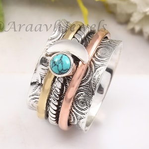 Turquoise Gemstone Ring, Half Moon Spin, 925 Sterling Silver Ring, Spinner Ring, Spinning Ring, Meditation Ring, Family Ring Three Tone Ring