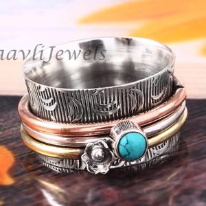 Turquoise Gemstone Ring, Flower Spin Band, 925 Sterling Silver Ring, Spinner Ring, Spinning Ring, Meditation Ring, Family Ring Birthday Gift