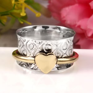 Love Spinning Ring, Heart Spinner Ring, 925 Sterling Silver Ring, Thumb Meditation Ring, Textured Band, Birthday Valentine Gift For Her