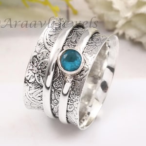 Blue Topaz Spinner Ring, Spinning Ring, Meditation Ring, Handmade Ring, Pattern Band, Fidget Ring, 925 Solid Silver Ring, Gemstone Spinner