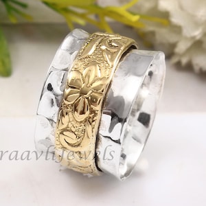 Flower Spinning Band, 925 Sterling Silver Ring, Wide Band, Meditation Ring, Spinner Ring, Women Fidget Ring, Two Tone Ring, Gift for Her