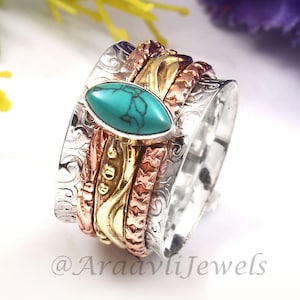 Marquise Turquoise Spinning Ring, 925 Sterling Silver Ring, Spinner Ring, Handmade Ring Anxiety Band Silver Jewelry Statement Ring Gift