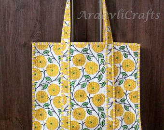 Floral Yellow Shoulder Tote Handmade Cotton Quilted Flower design Large Travel Tote
