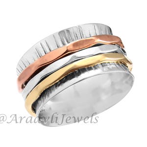 925 Sterling Silver Ring, Spinning Ring, Three Tone Spinner Ring, Meditation Ring, Tree Textured Band, Anxiety Fidget Ring,Boho Gift For Her