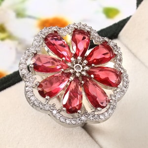 Flower American Diamond Ring, Adjustable Ring, Statement Ring, Cocktail Ring, Red Stone Cubic Zircon Ring, Wedding Jewelry Birthday Gift