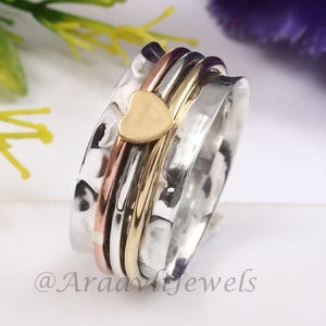 Heart 925 Sterling Silver Ring, Spinning Ring, Three Tone Spinner Ring, Meditation Ring, Thin Band, Happy Spin Ring, Birthday Gift For Her