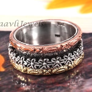 Designer Band Flower Spinner Ring , Sterling Silver Ring, Pattern Meditation Ring, Floral Band Spinning Ring,Boho Statement Rings Women Gift