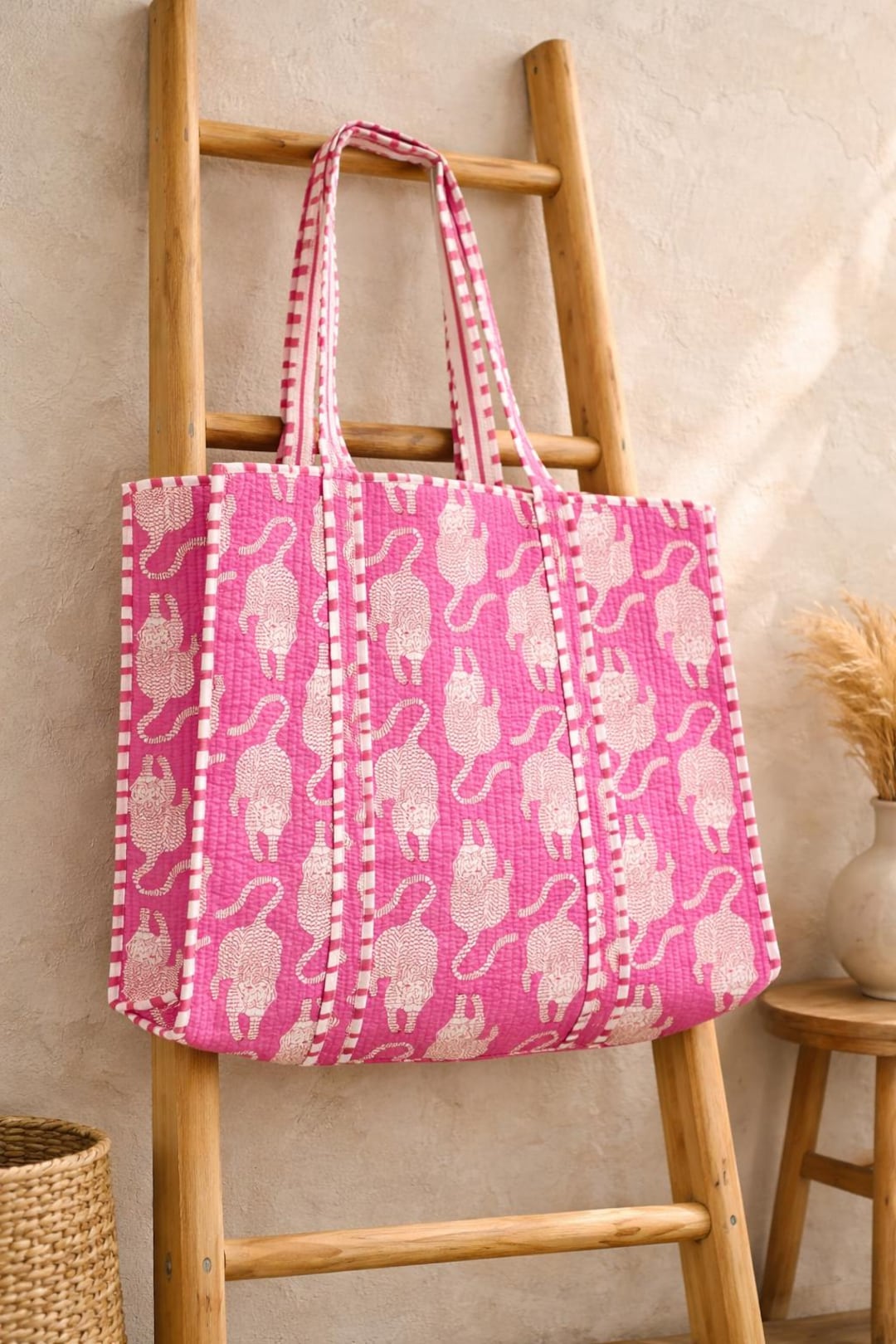 Pink Quilted Tiger Print Handmade Cotton Shoulder Animal Print Tote Bag ...