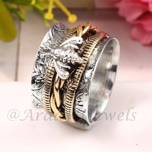 Honey Bee Spinner Ring , Sterling Silver Ring, Fidget Meditation Ring, Bee Spinning Ring, Worry Boho Statement Rings Birthday Gift