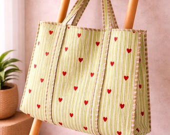 Green Striped Heart Quilted Bag, Large Cotton Red Heart Shoulder Tote Handmade Market Tote