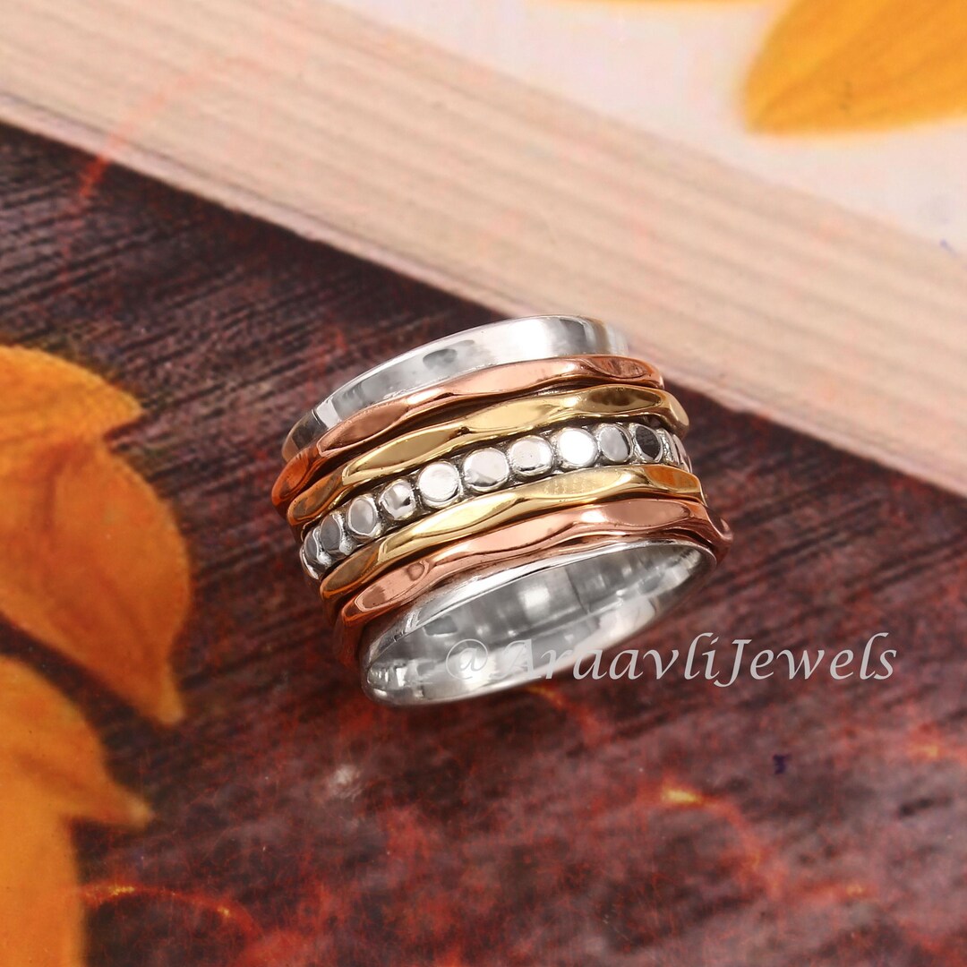 Spinning Ring Wide Band, Sterling Silver Ring, Fidget Meditation Ring ...