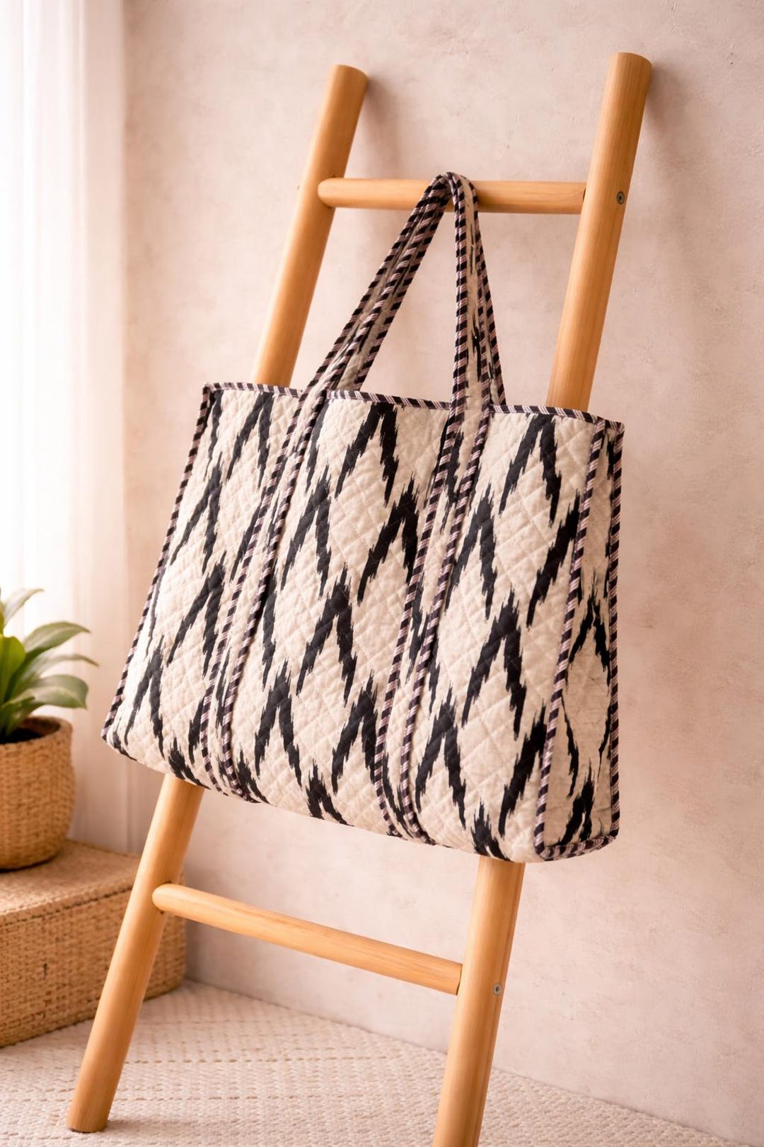 Quilted Ikat Tote Black Cream Pattern Chic Market Shoulder Large Bag quilted-ikat-tote-black-cream-pattern-chic-market-shoulder-large-bag