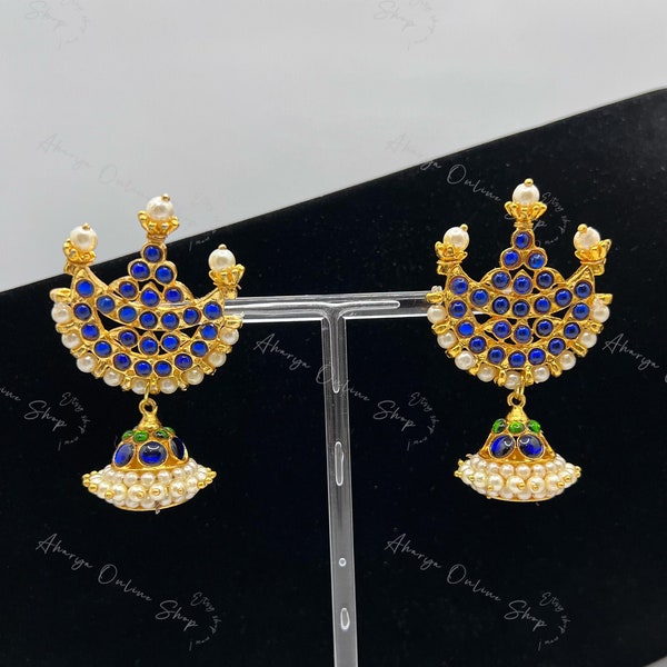 Nirutha - Handmade beautiful designer Jhumka - fancy statement jhumka with kemp stones in different colors - made in India