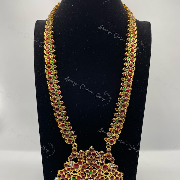 Maharani II - Premium quality handmade kemp stone jewelry - designer silver polished - long haaram - made in India