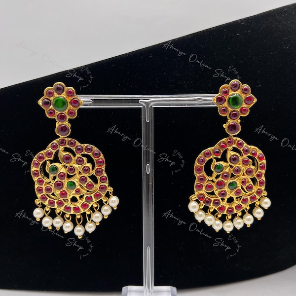 Handmade beautiful designer kemp stone earrings - different designs - Matching tikka available - Indhira/Jathu/Mayura/Kalki/Saraswathi