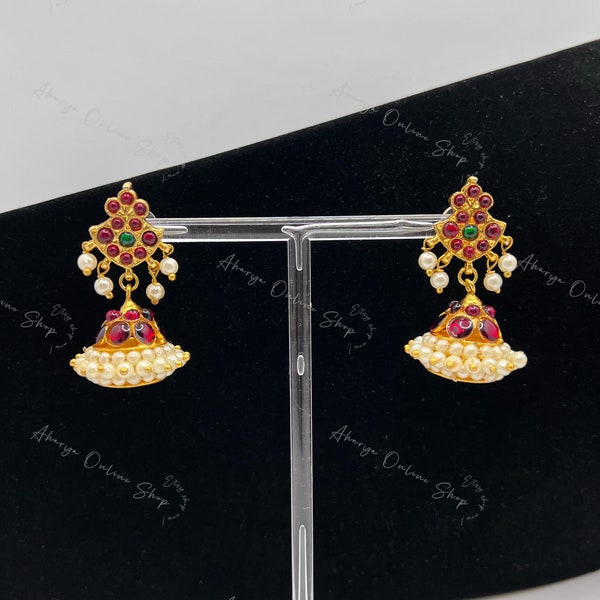 Malar - Handmade beautiful designer Jhumka - fancy statement jhumka with kemp stones in different colors - made in India