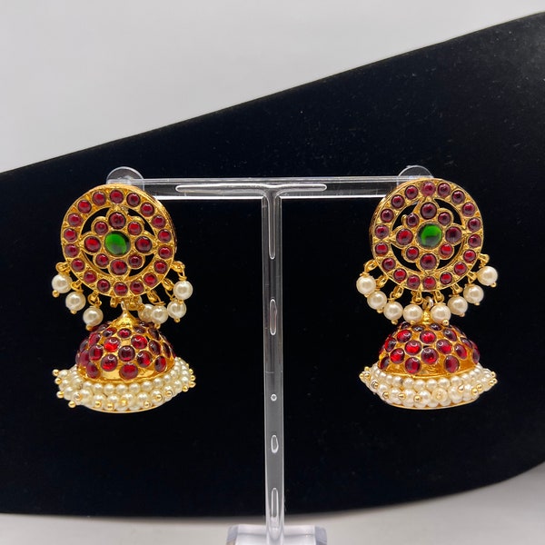Brindha - handmade beautiful Jhumka - fancy bridal jhumka with kemp stones in different colors and designs - made in India