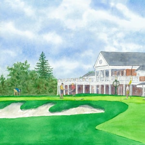 May include: A watercolor painting of a golf course with a clubhouse in the background. The course is green and has a sand trap. There are golfers on the green and an American flag flying in the wind.