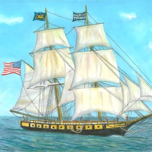 May include: A painting of a black and white ship with white sails, sailing on a blue ocean under a blue sky with white clouds. The ship has a US flag and a flag that says "Don't Give Up The Ship".