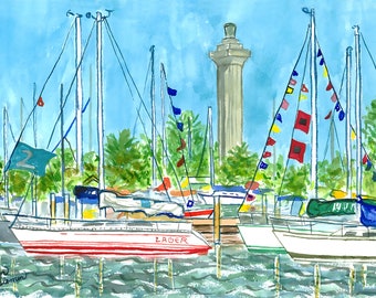 Regatta on Put-in-Bay, Lake Erie watercolor, Put-in-Bay, Ohio watercolor