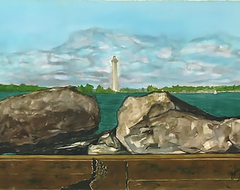 Perry's Monument from Middle Bass Island, Lake Erie watercolor, Middle Bass Island, Ohio watercolor