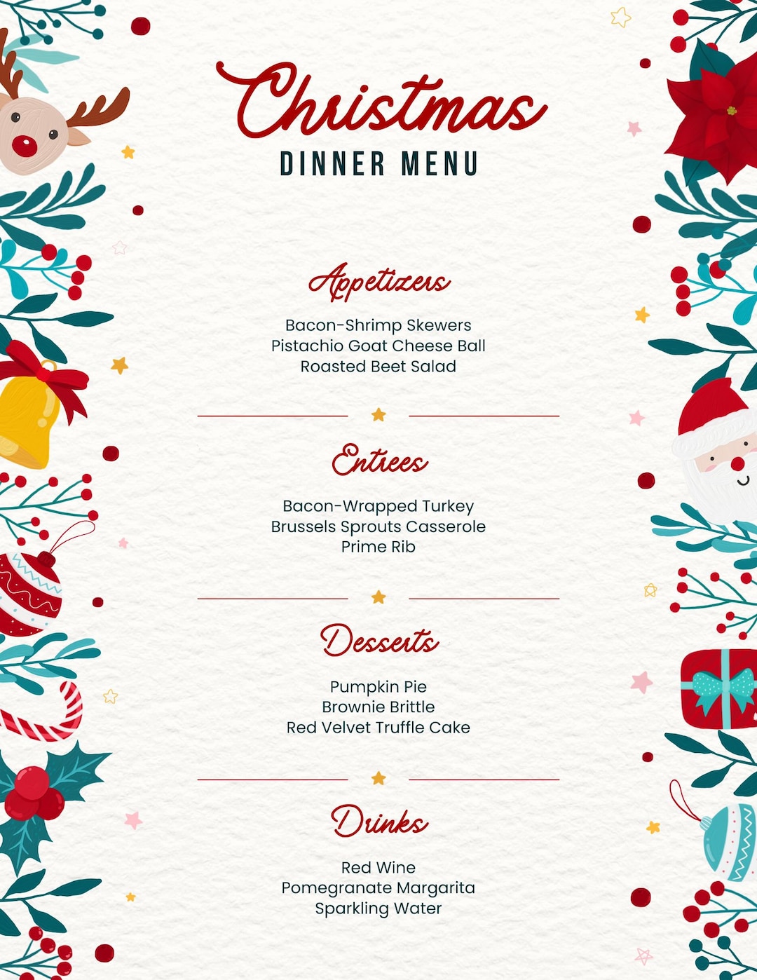 Christmas Dinner Menu Template Etsy