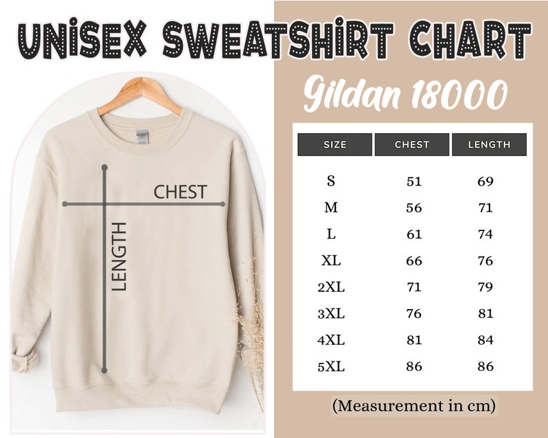 May include: Unisex sweatshirt size chart for Gildan 18000. The chart shows chest and length measurements in inches for sizes S through 5XL.