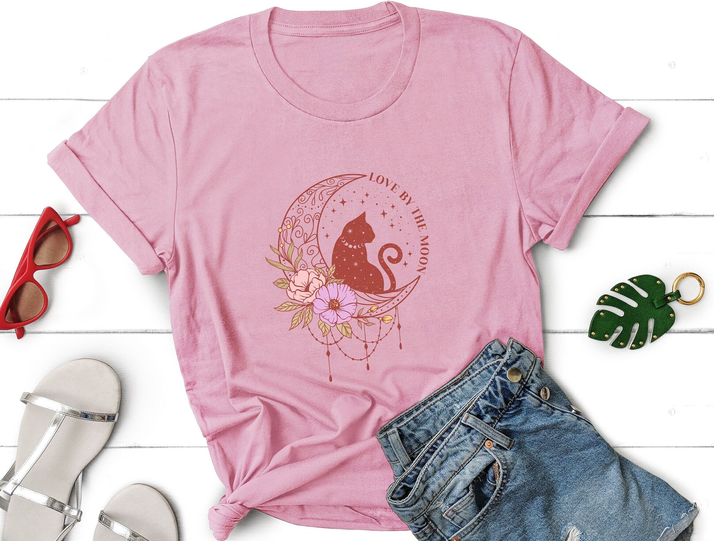 Love by the Moon Boho Celestial Cat Tshirt Retro Color Tshirt