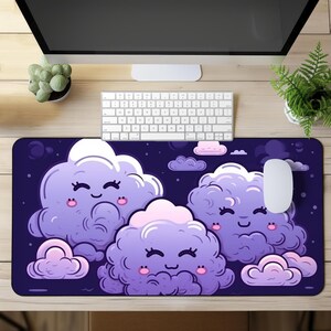 May include: Purple and pink cartoon clouds with smiling faces on a dark blue background. The clouds are fluffy and have a 3D effect. This is a mousepad.